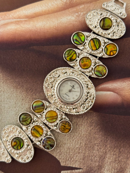 Maximalist Vintage Silver Watch With Natural Abalone