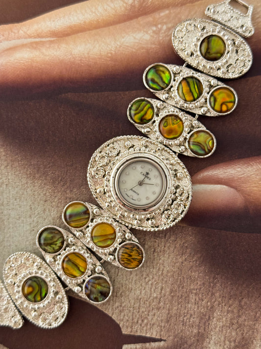 Maximalist Vintage Silver Watch With Natural Abalone