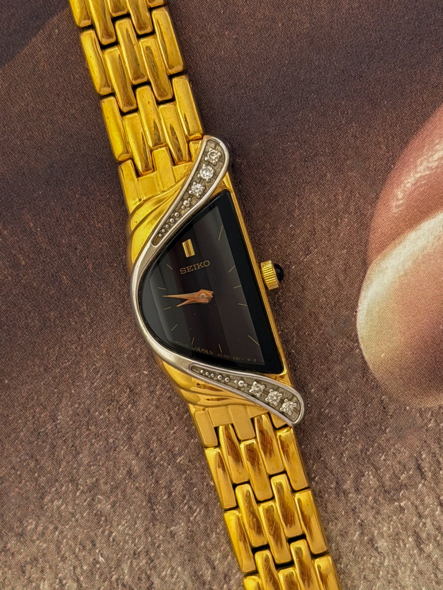 RARE Vintage 1990s Gold Seiko Half Moon Watch With 6 Diamond Accent