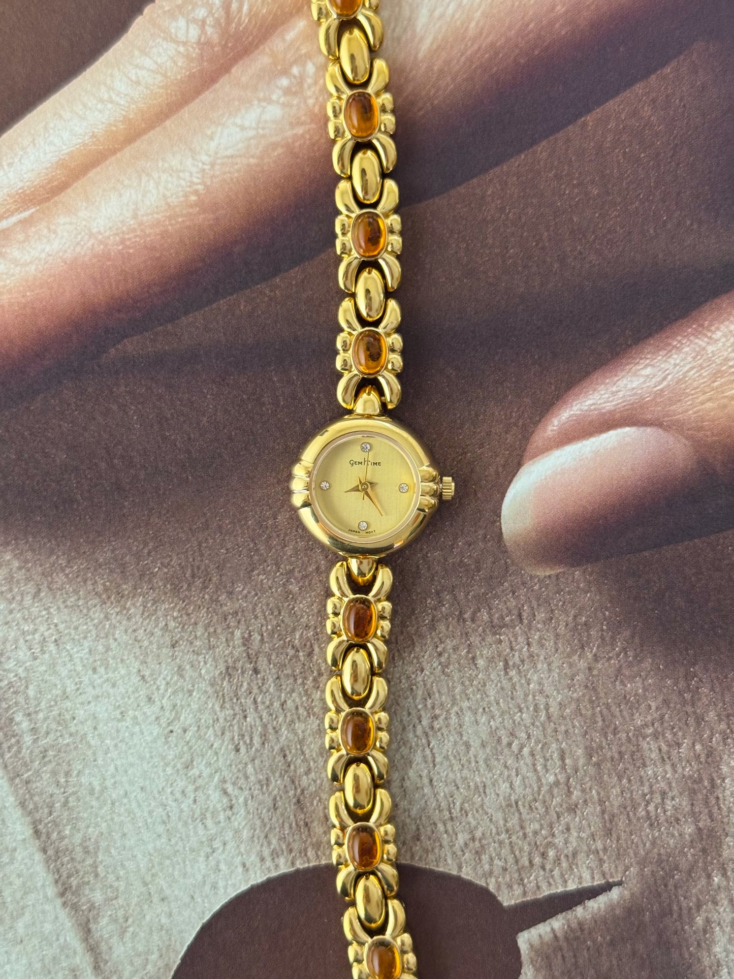 Vintage Gem Time Gold Watch With Orange Amber Gemstone Band