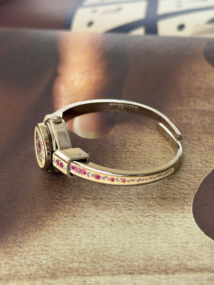 Vintage Silver Tone André Mouche Peekaboo Cuff Watch With White Enamel and Pink Rose Design