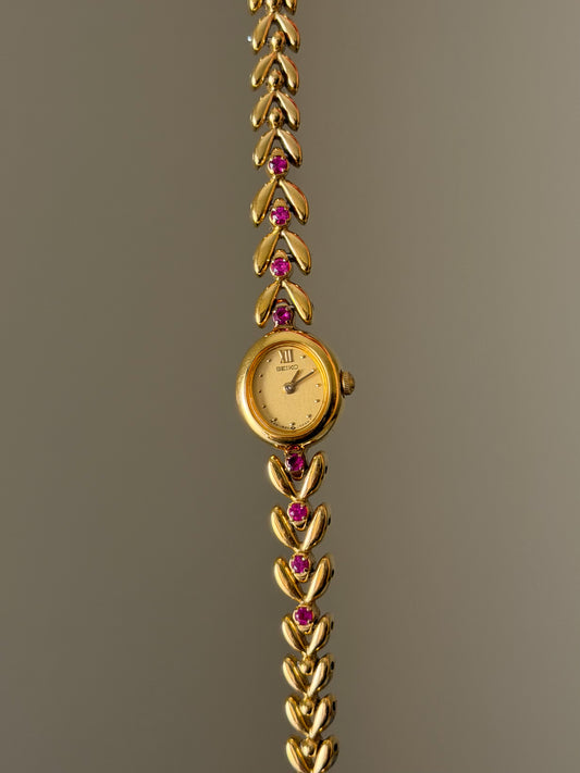 Very Rare 1990s Gold Vintage Seiko Watch With 8 Natural Ruby Gemstones