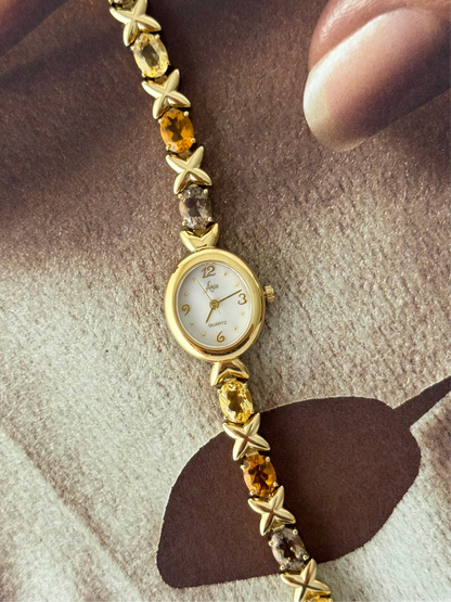 Vintage Aria Gold Watch With Genuine Multicolor Gemstone Band