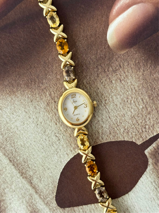 Vintage Aria Gold Watch With Genuine Multicolor Gemstone Band
