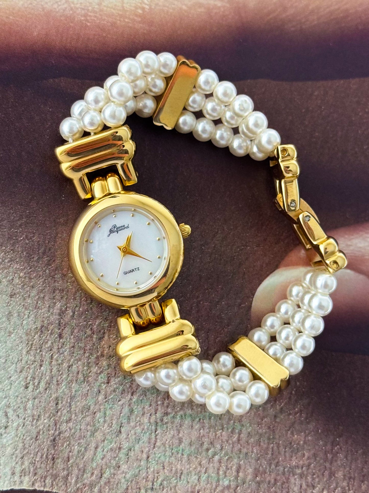 Vintage Pierre Jacquard Gold Watch With Pearl Band and Round Mother Of Pearl Case