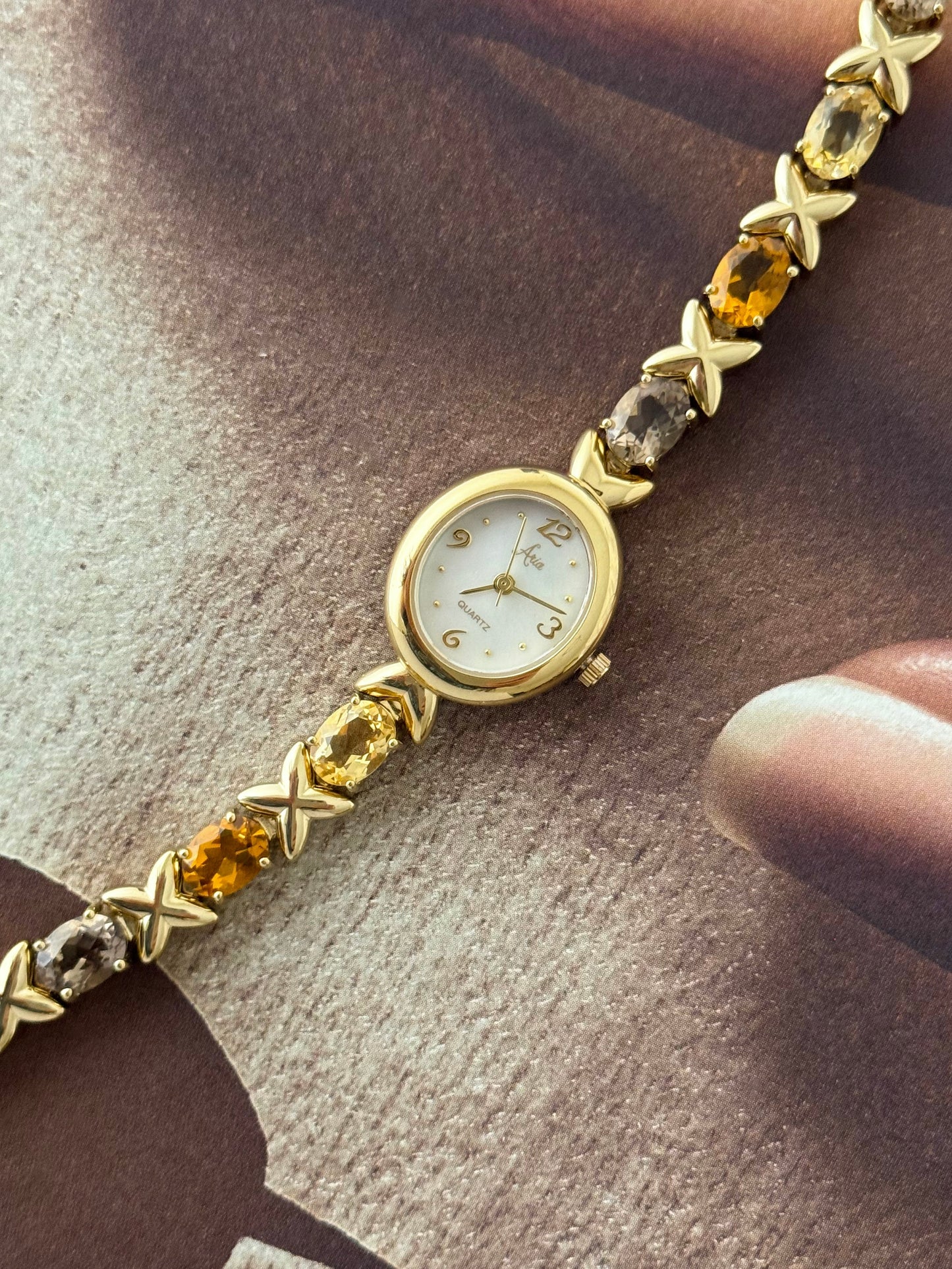 Vintage Aria Gold Watch With Genuine Multicolor Gemstone Band