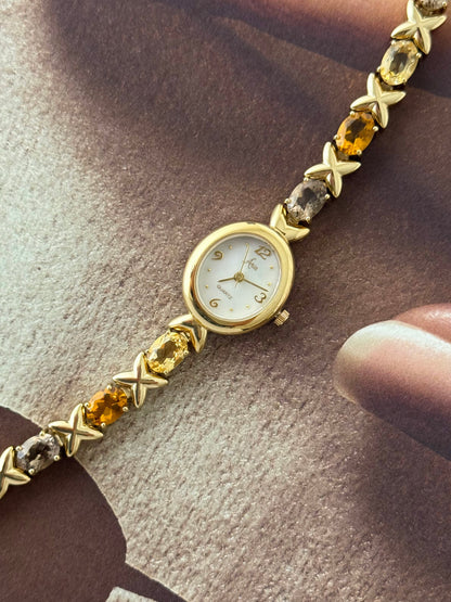 Vintage Aria Gold Watch With Genuine Multicolor Gemstone Band