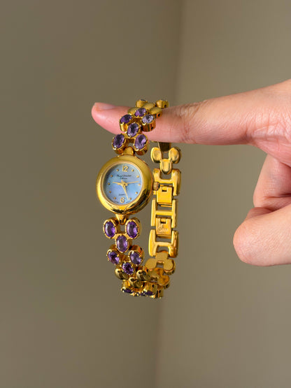 Vintage Marcel Drucker Watch With Purple Dial and Amethyst Gemstone Band
