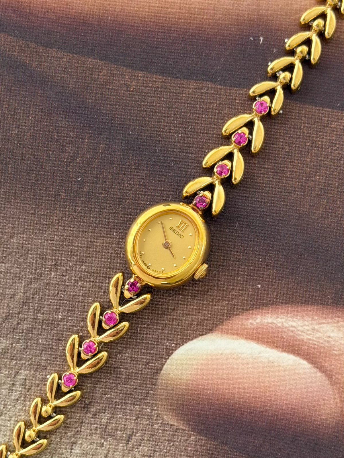 Very Rare 1990s Gold Vintage Seiko Watch With 8 Natural Ruby Gemstones