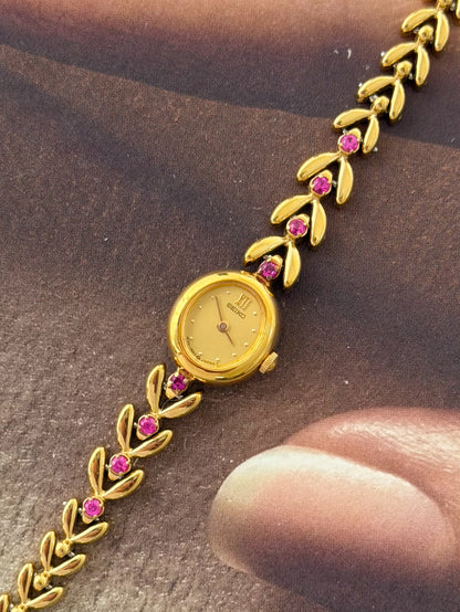 Very Rare 1990s Gold Vintage Seiko Watch With 8 Natural Ruby Gemstones