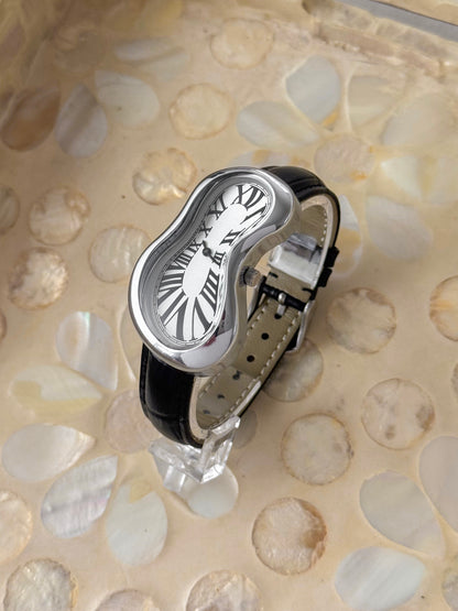 Black Leather Band Salvador Dali Style Watch Silver Exaequo Inspired Softwatch