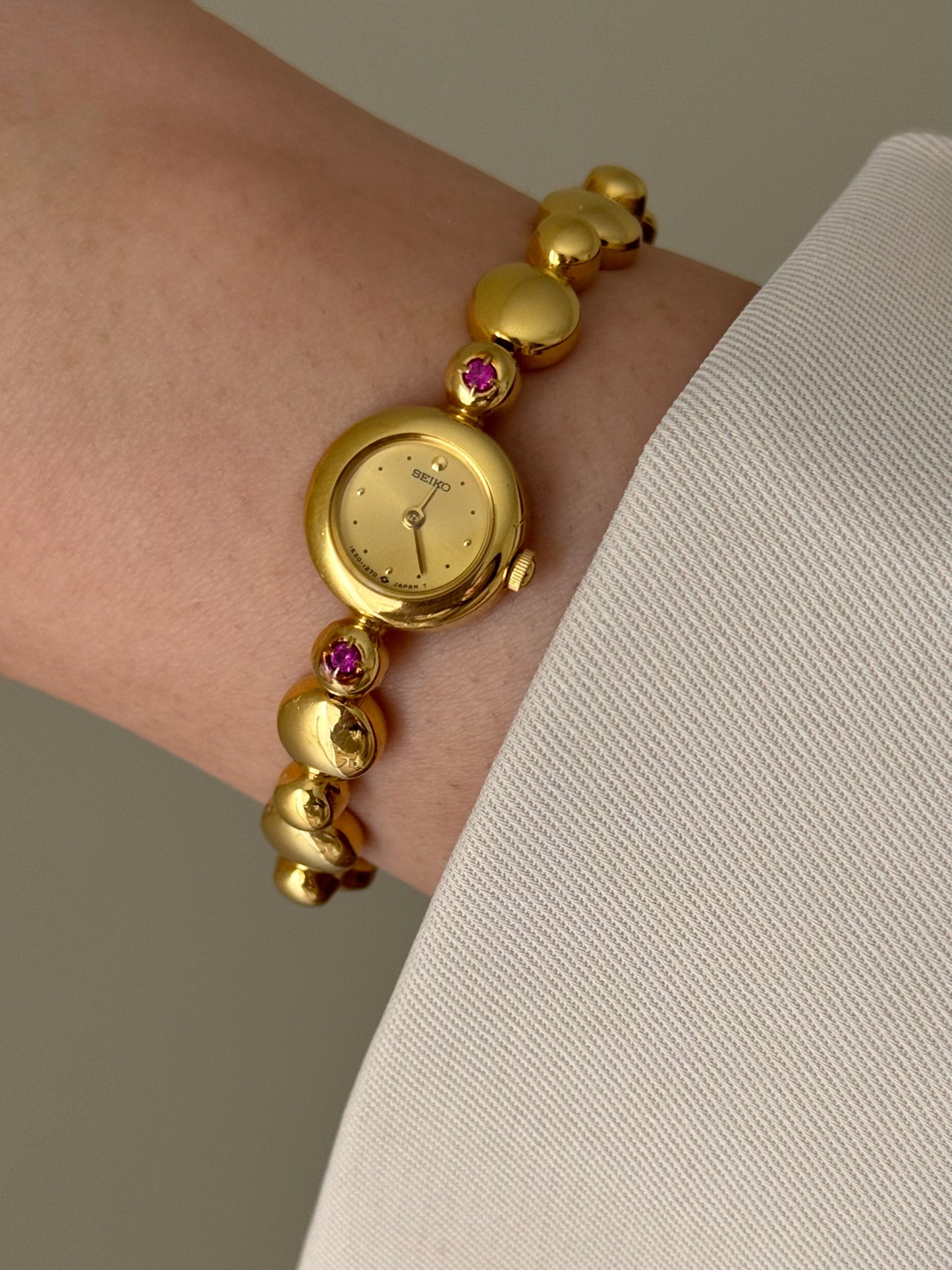 Vintage Gold Seiko Watch With Genuine Rubies Bubble Band