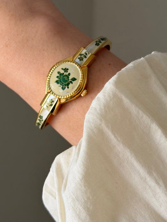 Vintage Gold Tone Andre Mouche Peekaboo Cuff Watch With a Green Peony Enamel Flower Design