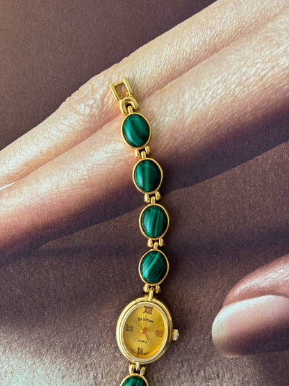 Vintage Gem Time Gold Watch With Malachite Stone Band
