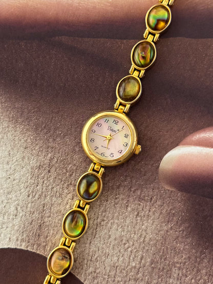 Vintage Gold Watch With Natural Abalone and Mother Of Pearl Dial