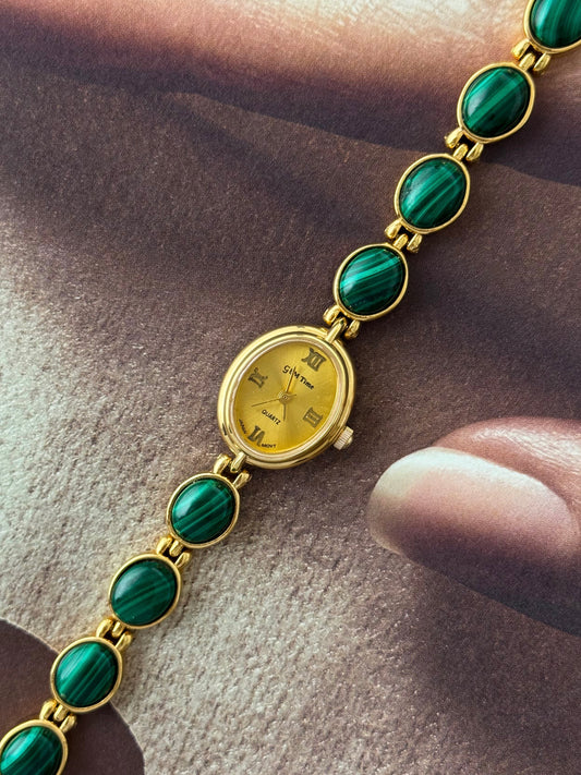 Vintage Gem Time Gold Watch With Malachite Stone Band