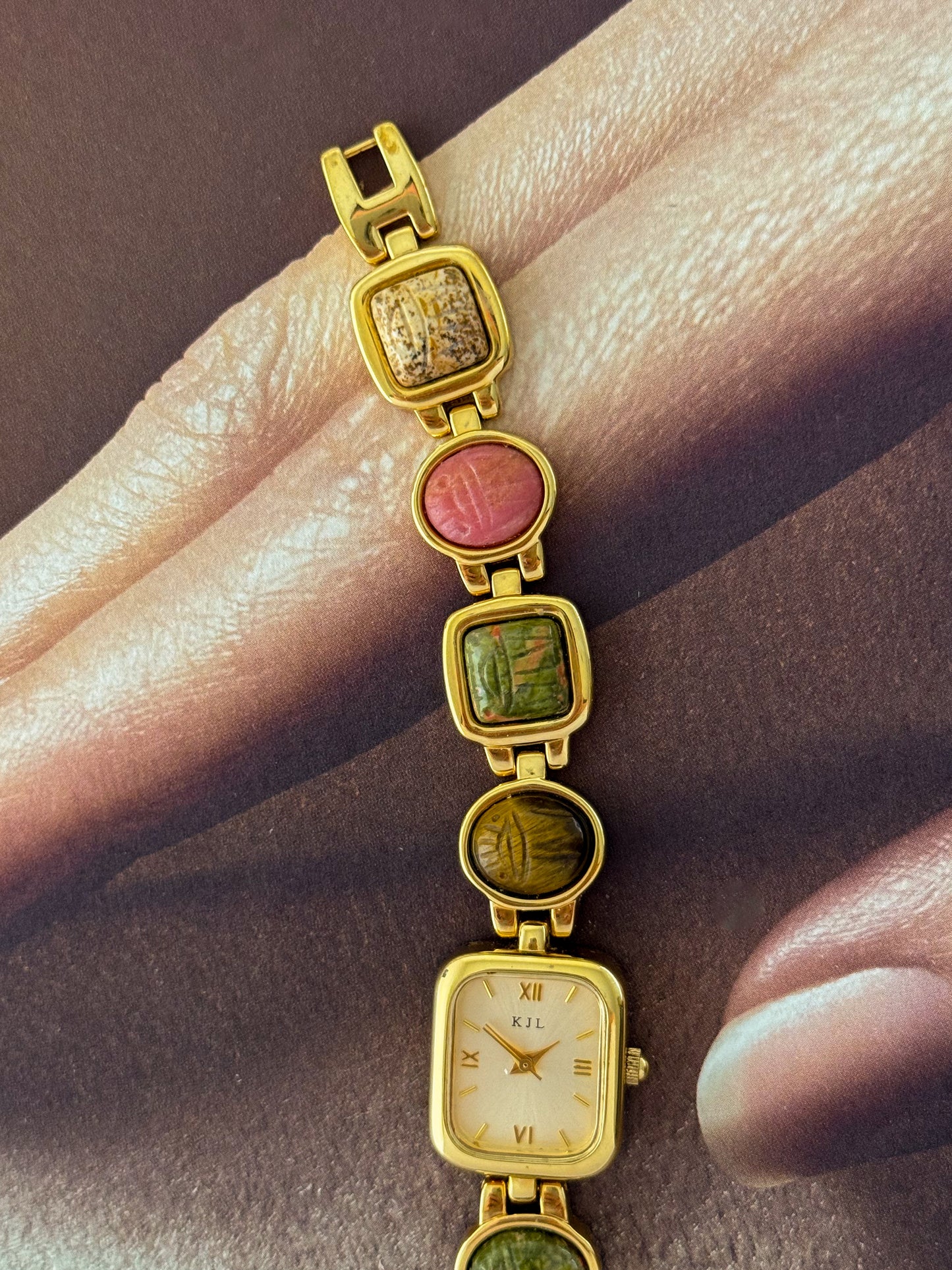 Vintage Kenneth Jay Lane (KJL) Gold Tone Watch With Egyptian Carved Scarab Gemstone Band