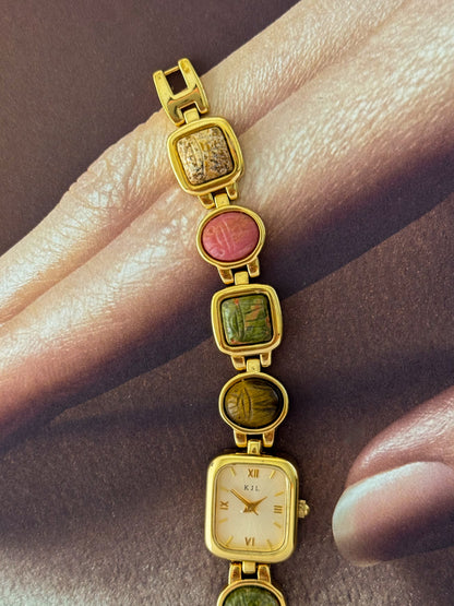 Vintage Kenneth Jay Lane (KJL) Gold Tone Watch With Egyptian Carved Scarab Gemstone Band