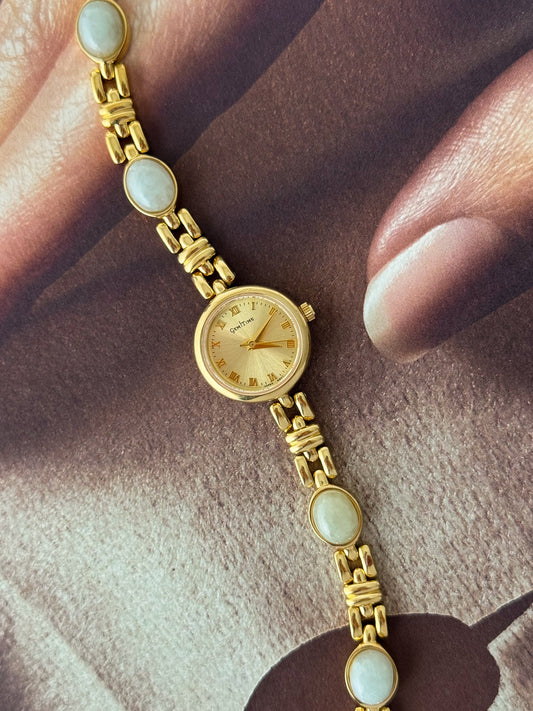 Vintage Gem Time Gold Watch With Natural Jade Stone Band