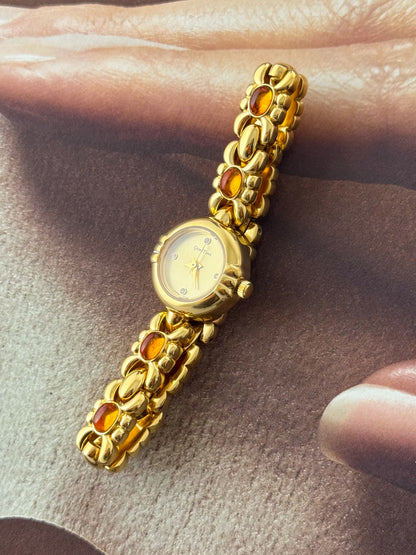 Vintage Gem Time Gold Watch With Orange Amber Gemstone Band