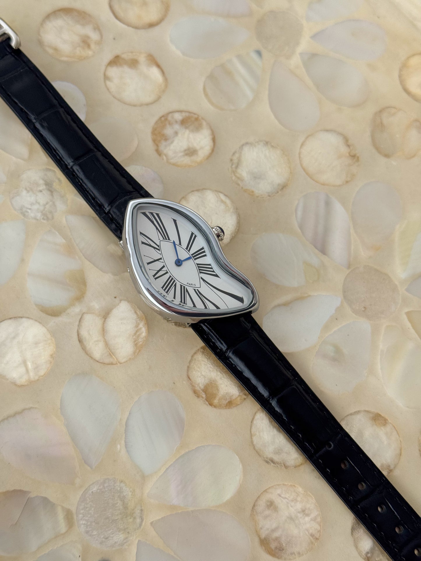 Y2K Vintage Inspired Silver Paris Dali Crash Melting Watch With Black Leather Band
