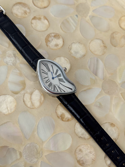 Y2K Vintage Inspired Silver Paris Dali Crash Melting Watch With Black Leather Band
