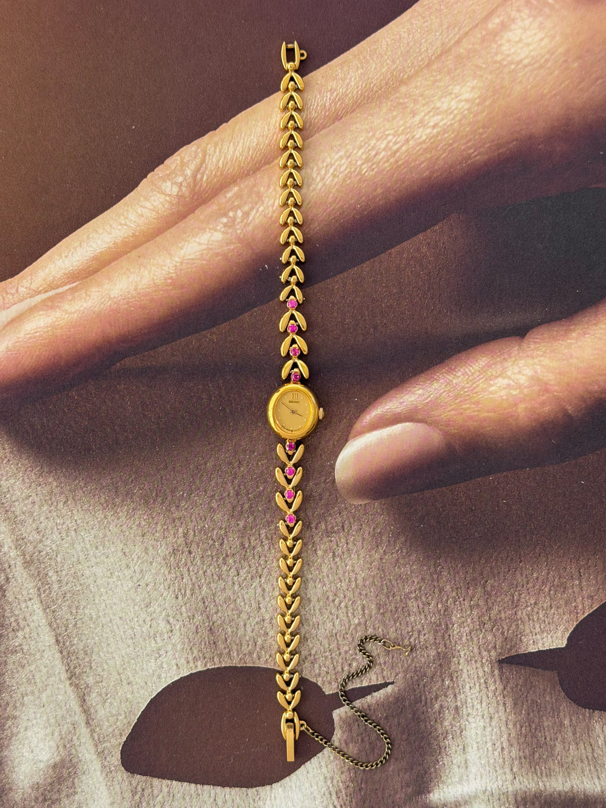 Very Rare 1990s Gold Vintage Seiko Watch With 8 Natural Ruby Gemstones