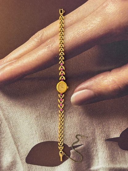 Very Rare 1990s Gold Vintage Seiko Watch With 8 Natural Ruby Gemstones