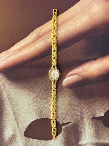 Vintage Gold Watch With Blue Gemstones and Diamond Accent