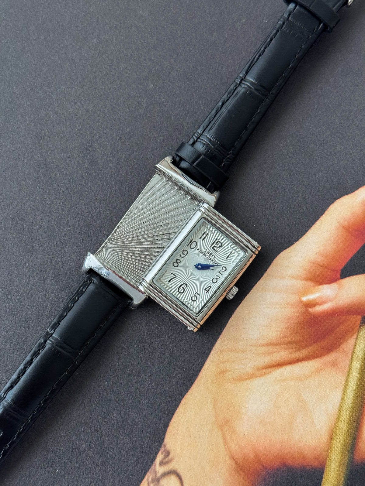 Reverso Style Silver Watch With Black Leather Band