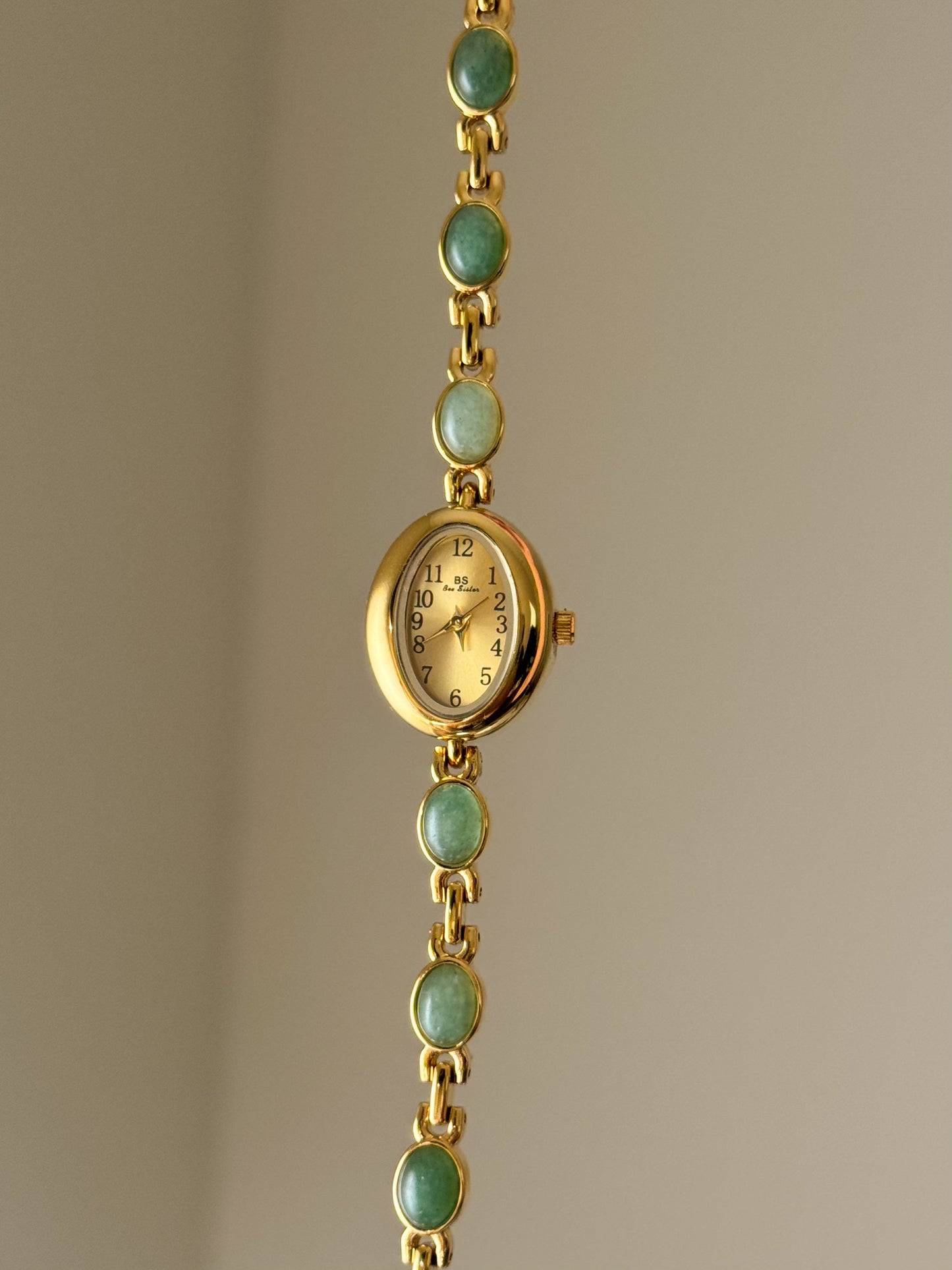 Minimalist Gold Watch With Dainty Green Gemstone Bracelet Band