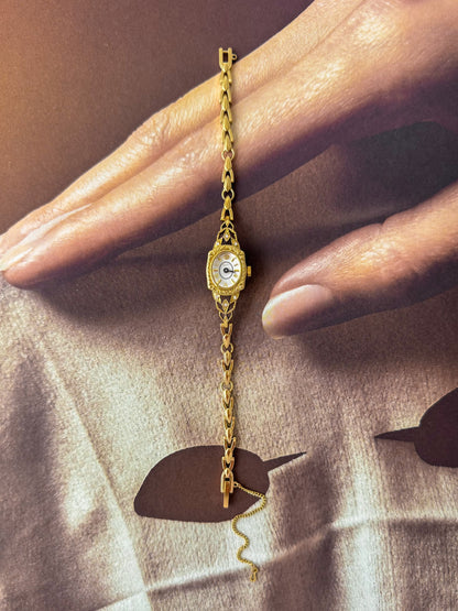 Vintage Japanese Agete Art Deco Style Gold Watch White Dial and Dainty Wristband