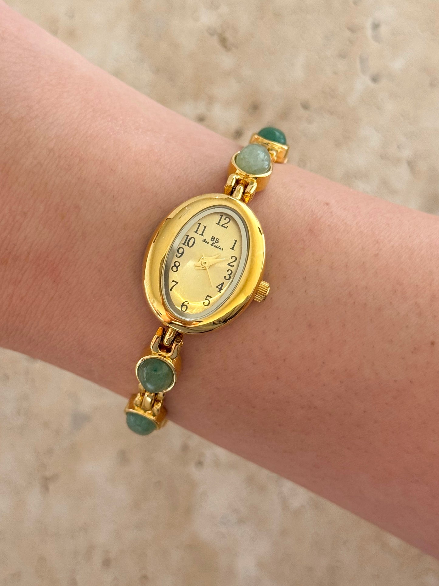 Minimalist Gold Watch With Dainty Green Gemstone Bracelet Band