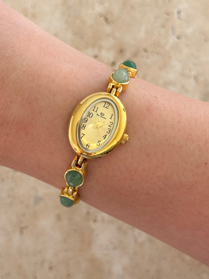 Minimalist Gold Watch With Dainty Green Gemstone Bracelet Band