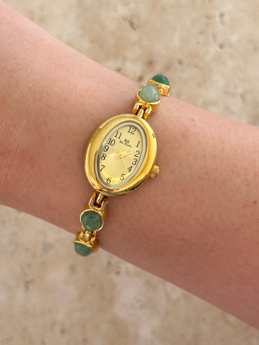 Minimalist Gold Watch With Dainty Green Gemstone Bracelet Band