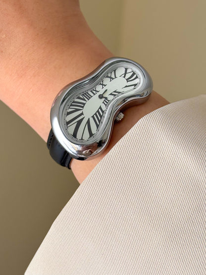 Black Leather Band Salvador Dali Style Watch Silver Exaequo Inspired Softwatch