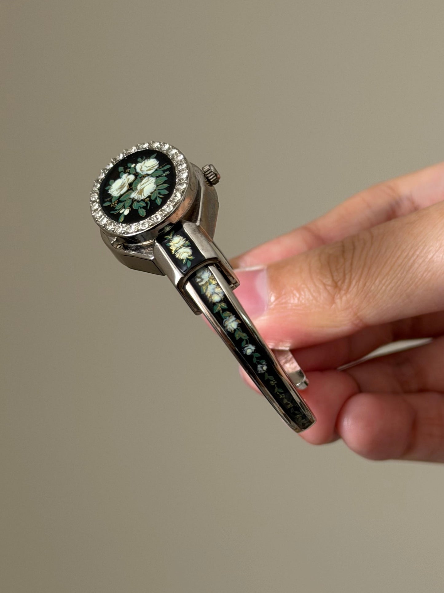 Vintage Black Enamel Andre Mouche Peekaboo Cuff Watch Bangle With Flower and Diamond Accent