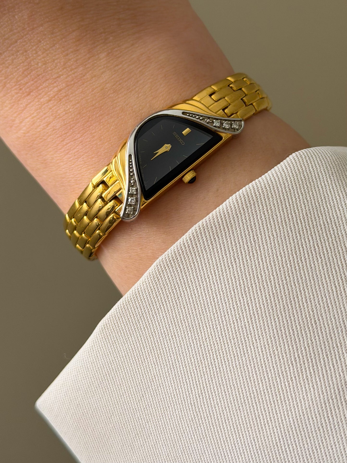 RARE Vintage 1990s Gold Seiko Half Moon Watch With 6 Diamond Accent
