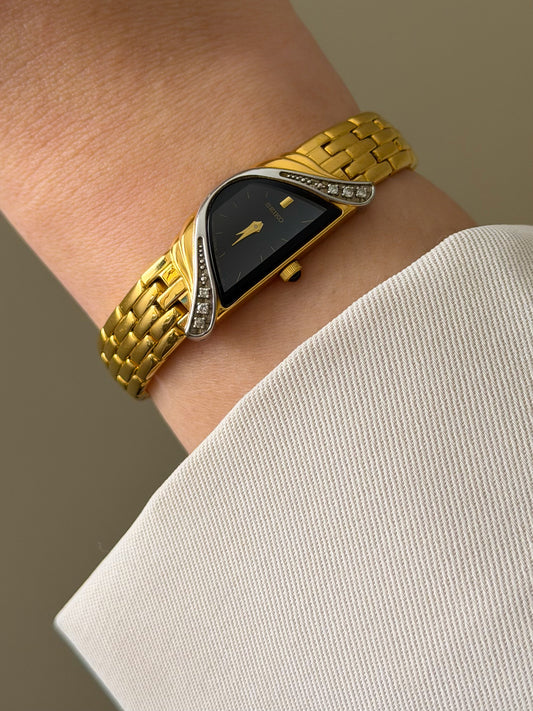 RARE Vintage 1990s Gold Seiko Half Moon Watch With 6 Diamond Accent