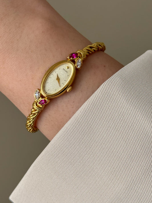 Extremely RARE 1990s Gold Plated Seiko Watch With Genuine Rubies And Rope Band