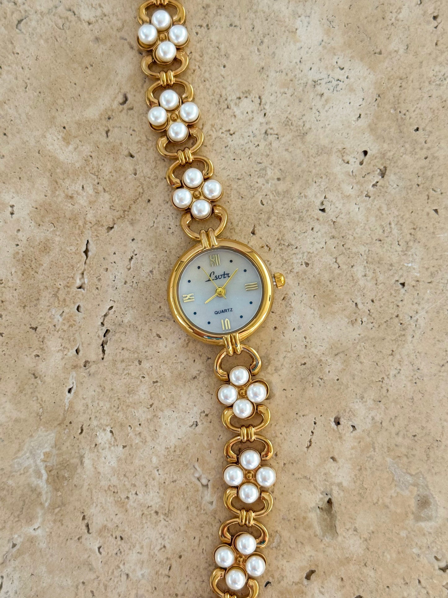 Minimalist Gold Watch With Pearl Bracelet Band