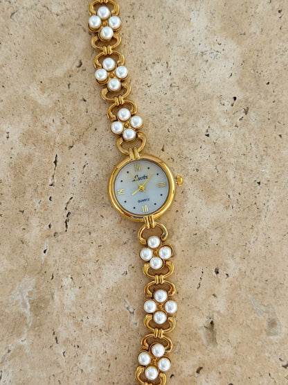 Minimalist Gold Watch With Pearl Bracelet Band