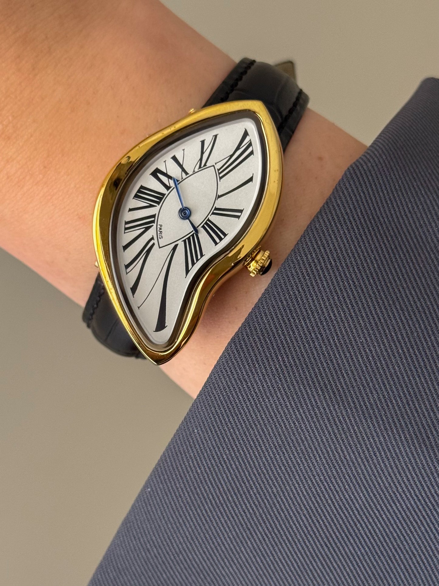 Y2K Vintage Inspired Gold Paris Dali Crash Melting Watch With Black Leather Band