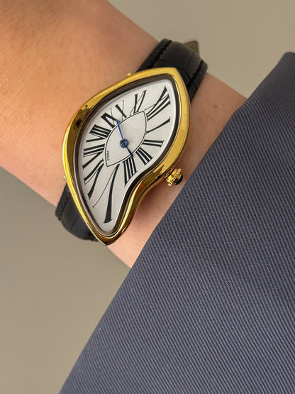 Y2K Vintage Inspired Gold Paris Dali Crash Melting Watch With Black Leather Band