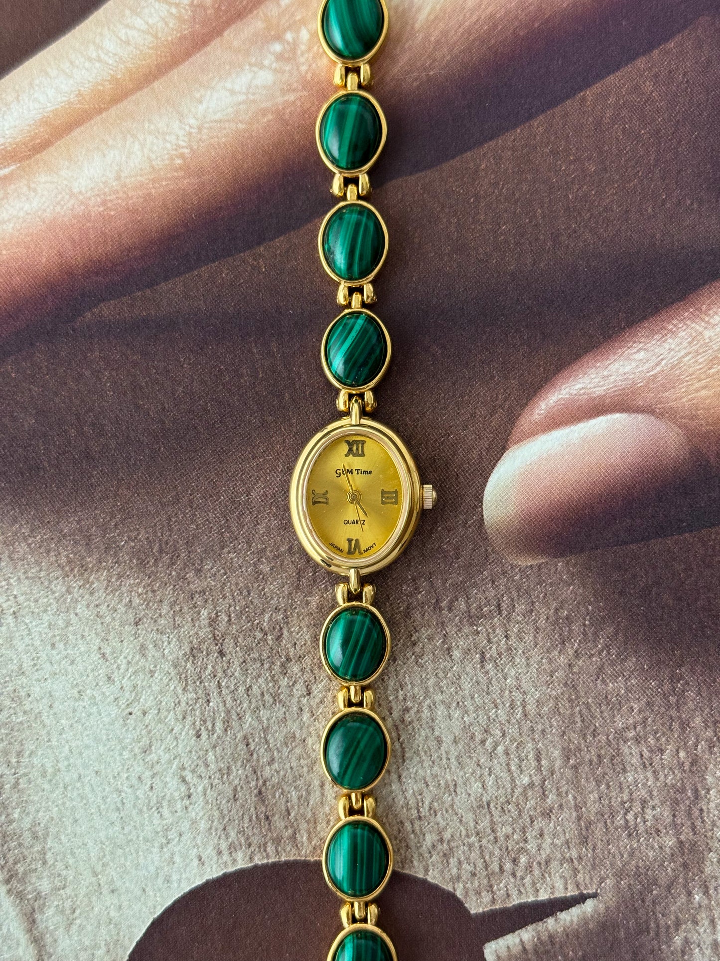 Vintage Gem Time Gold Watch With Malachite Stone Band