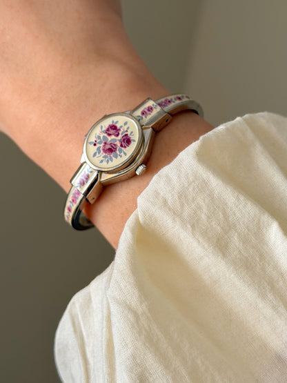 Vintage Silver Tone André Mouche Peekaboo Cuff Watch With White Enamel and Pink Rose Design