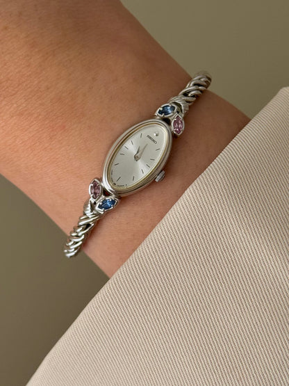 Extremely Rare 1990s Silver Seiko Watch With Genuine Gemstones Oval Face and Dainty Rope Band