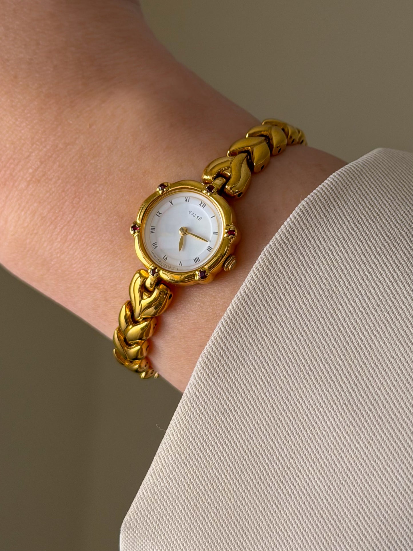 Very Rare 1990s Gold Vintage Seiko Tisse Watch With 6 Natural Ruby Gemstones