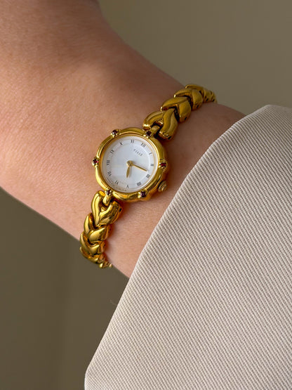 Very Rare 1990s Gold Vintage Seiko Tisse Watch With 6 Natural Ruby Gemstones