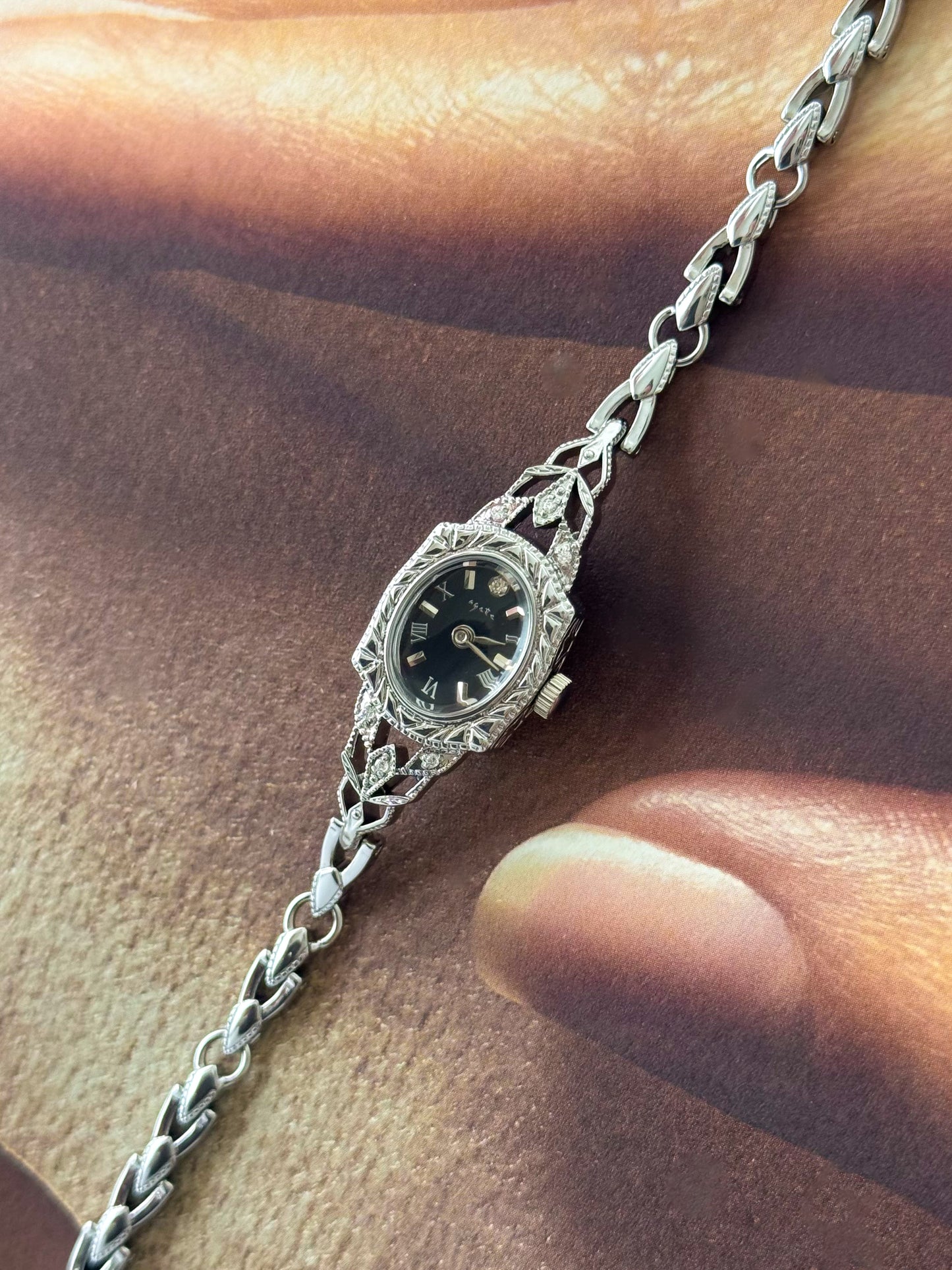 Vintage Japanese Agete Art Deco Style Silver Watch Black Dial and Dainty Wristband